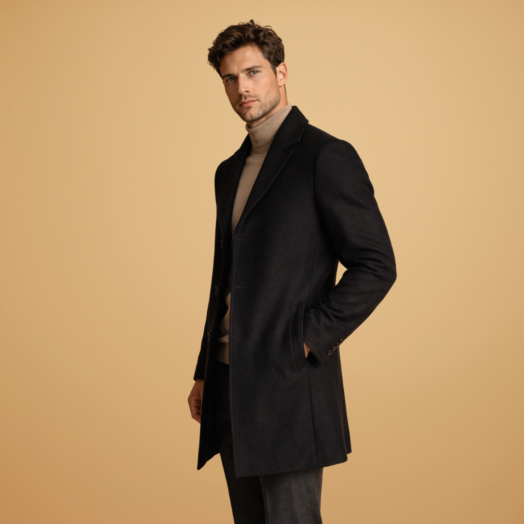 Stylish men's button-up tailored overcoat. Essential formal wear & business attire outerwear.