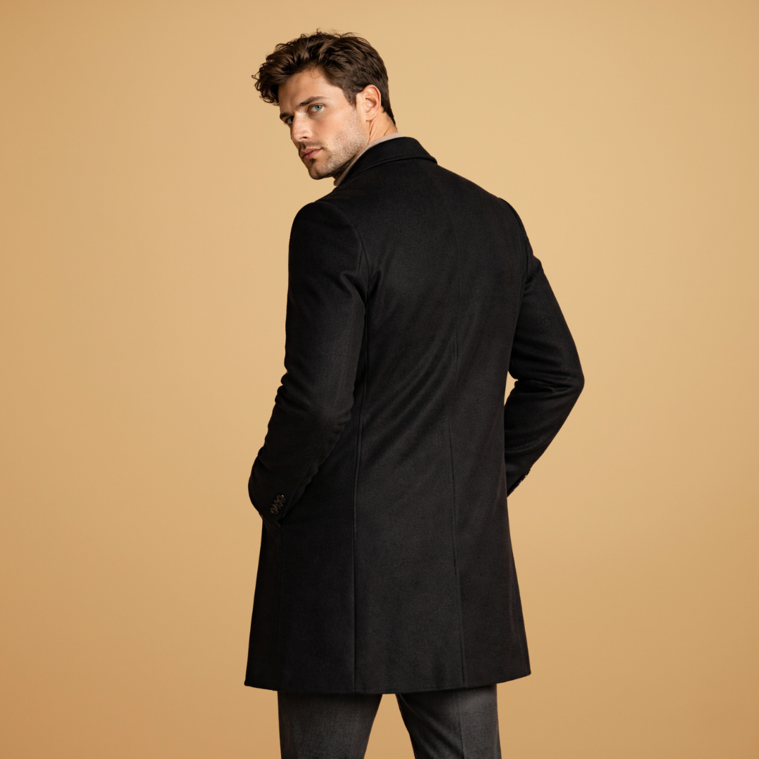 Modern men's classic tailored overcoat. Perfect for a smart casual look, business wear, or men's fashion.