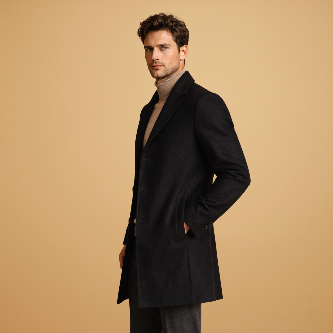 Versatile men's classic overcoat. Tailored outerwear for smart casual, business, or formal events.