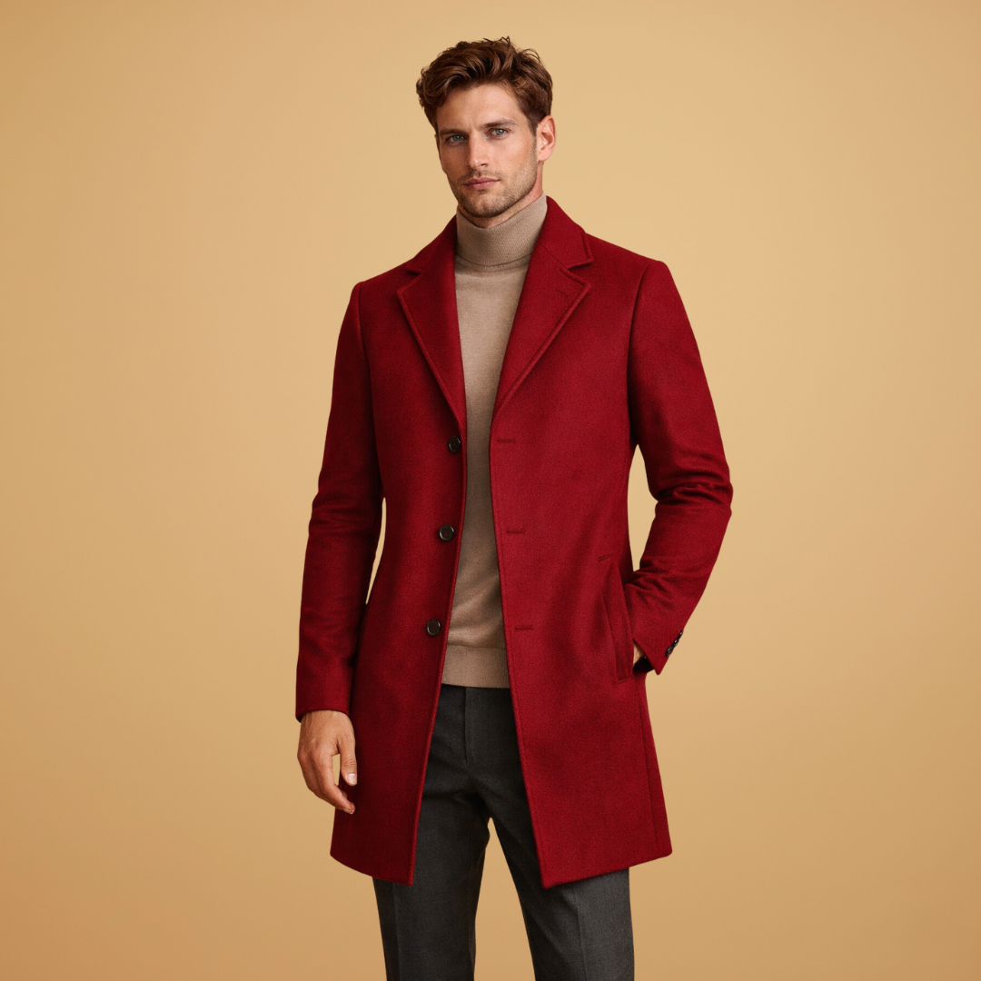Elegant men's tailored overcoat. Classic design with lapel collar, suitable for formal & smart occasions.
