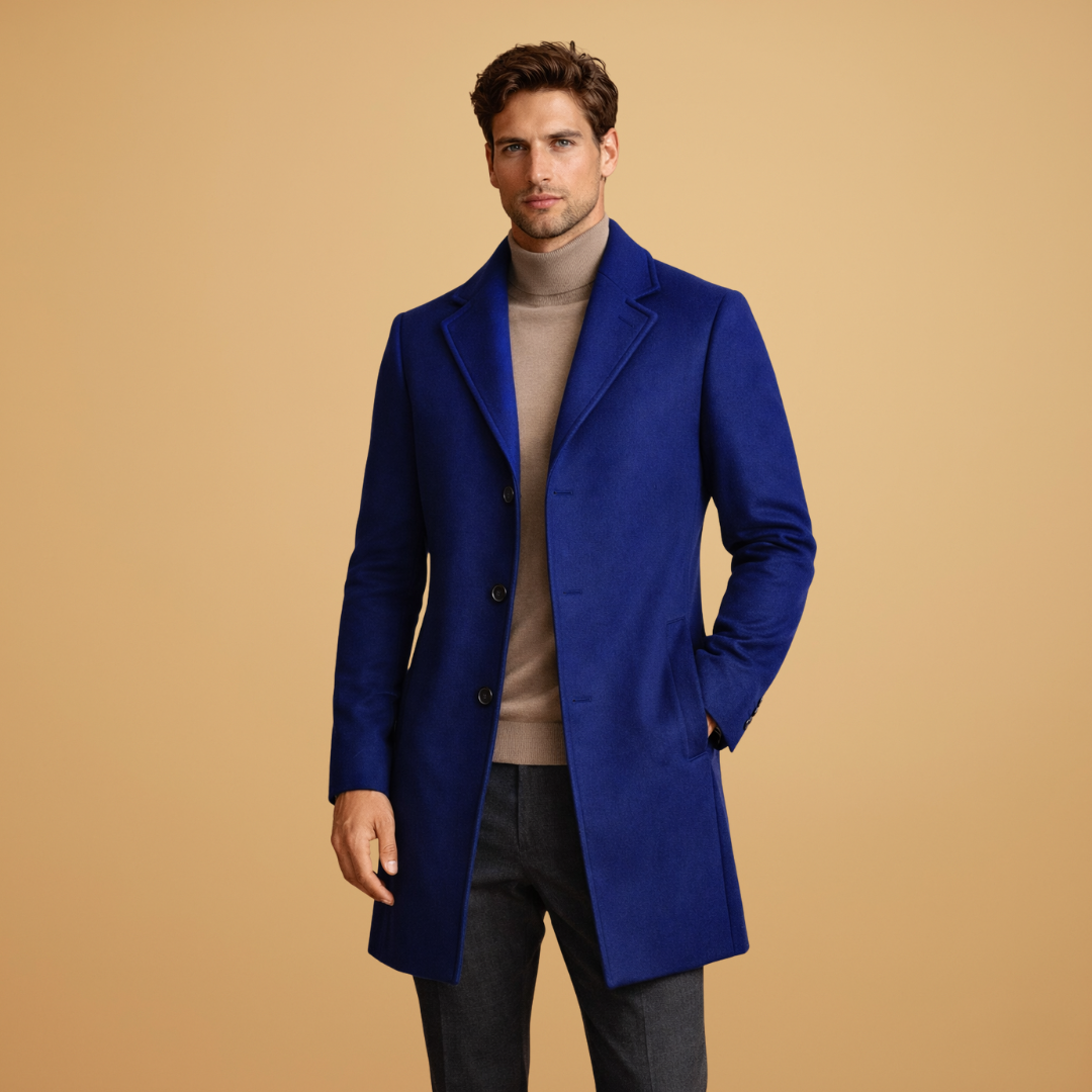 High-quality men's classic overcoat. Tailored for a sophisticated winter style, great for business.