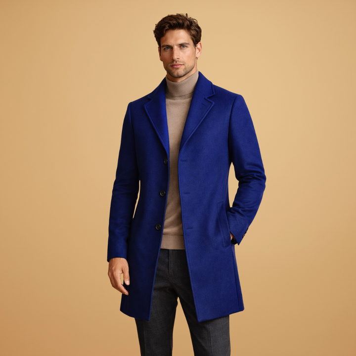 High-quality men's classic overcoat. Tailored for a sophisticated winter style, great for business.