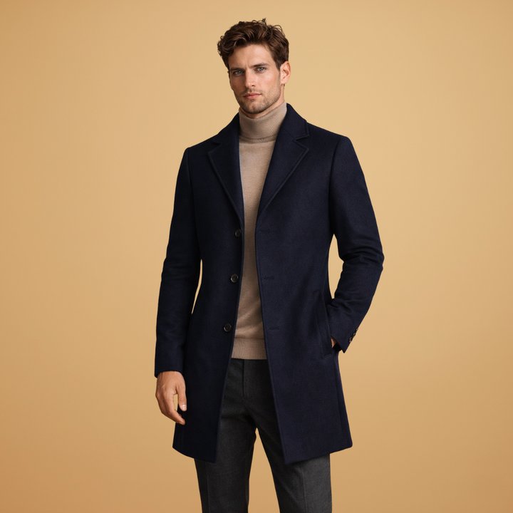 Men's tailored overcoat, classic design for a sharp, modern look. Essential men's outerwear.