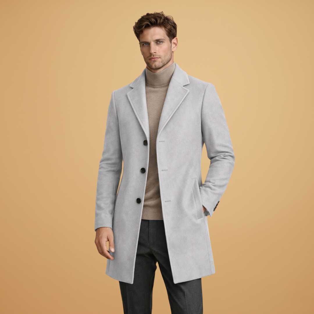 Men's classic tailored overcoat with lapel collar & front buttons. Perfect formal or business fashion.