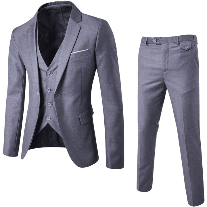 Stylish men's suit ensemble for spring, featuring a tailored jacket and trousers, suitable for any formal occasion.