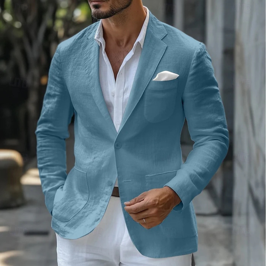 Classic men's summer blazer jacket. Tailored for an elegant, smart casual, or formal look in warm weather.