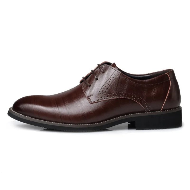A pair of new smart casual men's vegan leather oxford shoes in dark brown, top down view