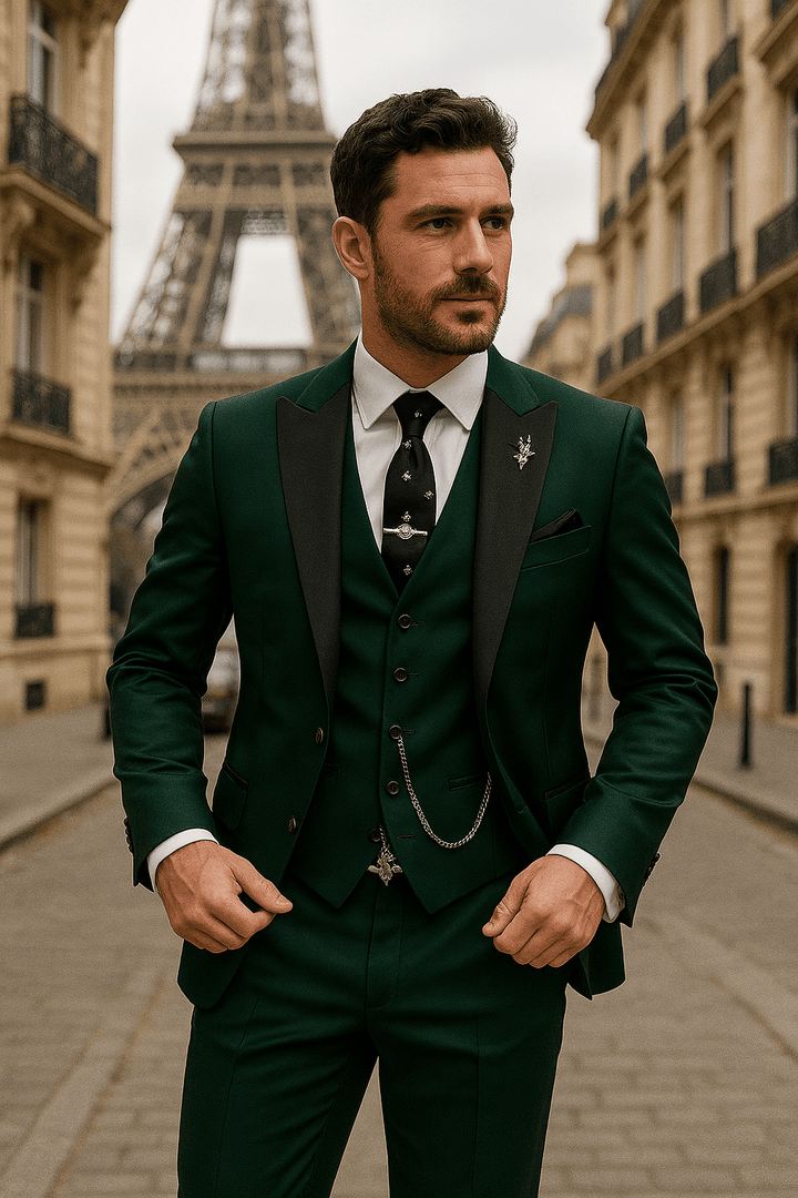 Men's Classic Three-Piece Formal Suit in navy, perfect for weddings & business; elegant tailored fit.