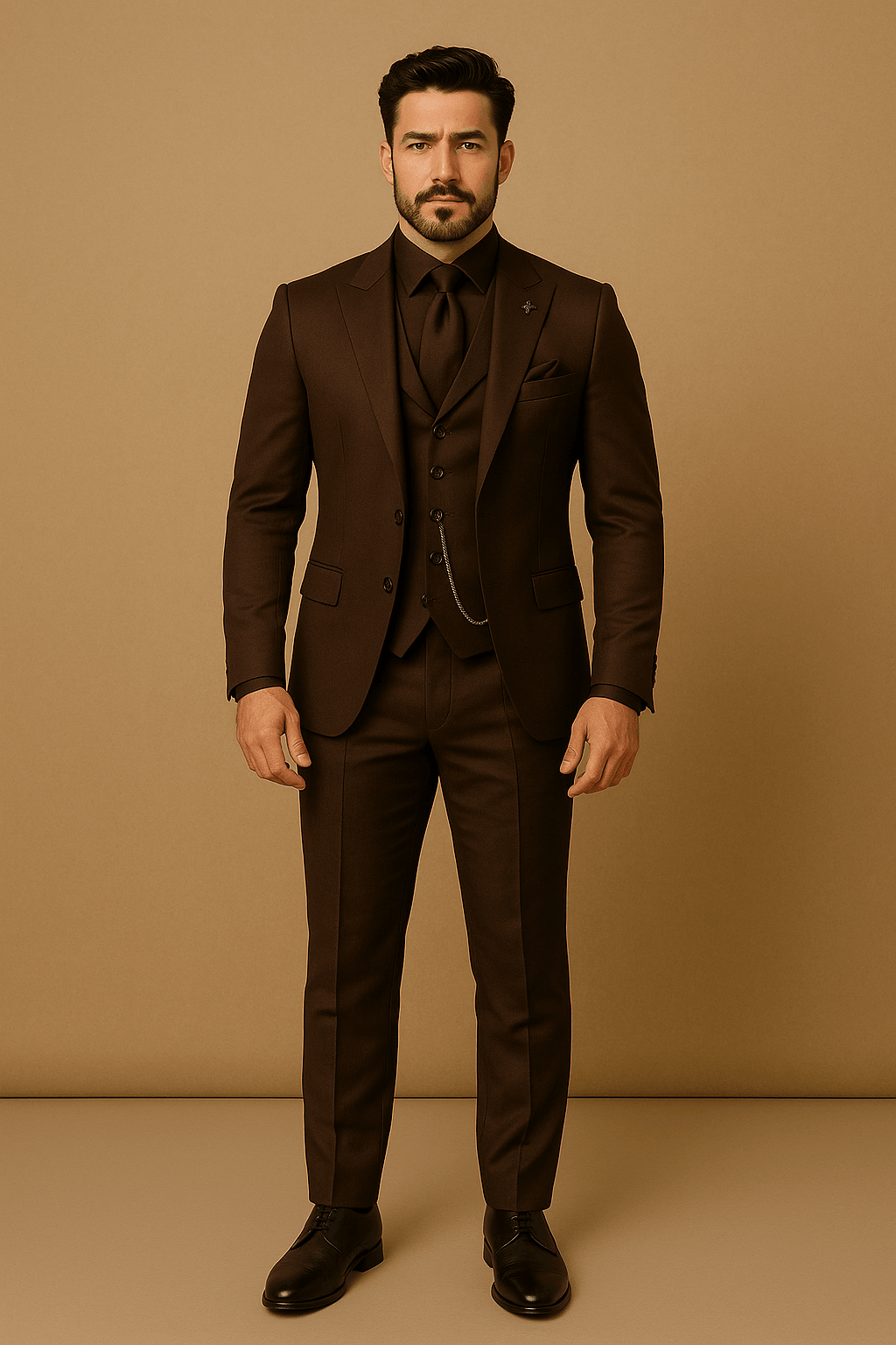 Close-up of the lapel and buttons on a distinguished men's three-piece business suit.