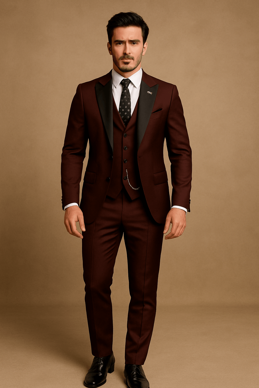 Stylish three-piece suit for men, a perfect choice for classic wedding attire or formal gatherings.