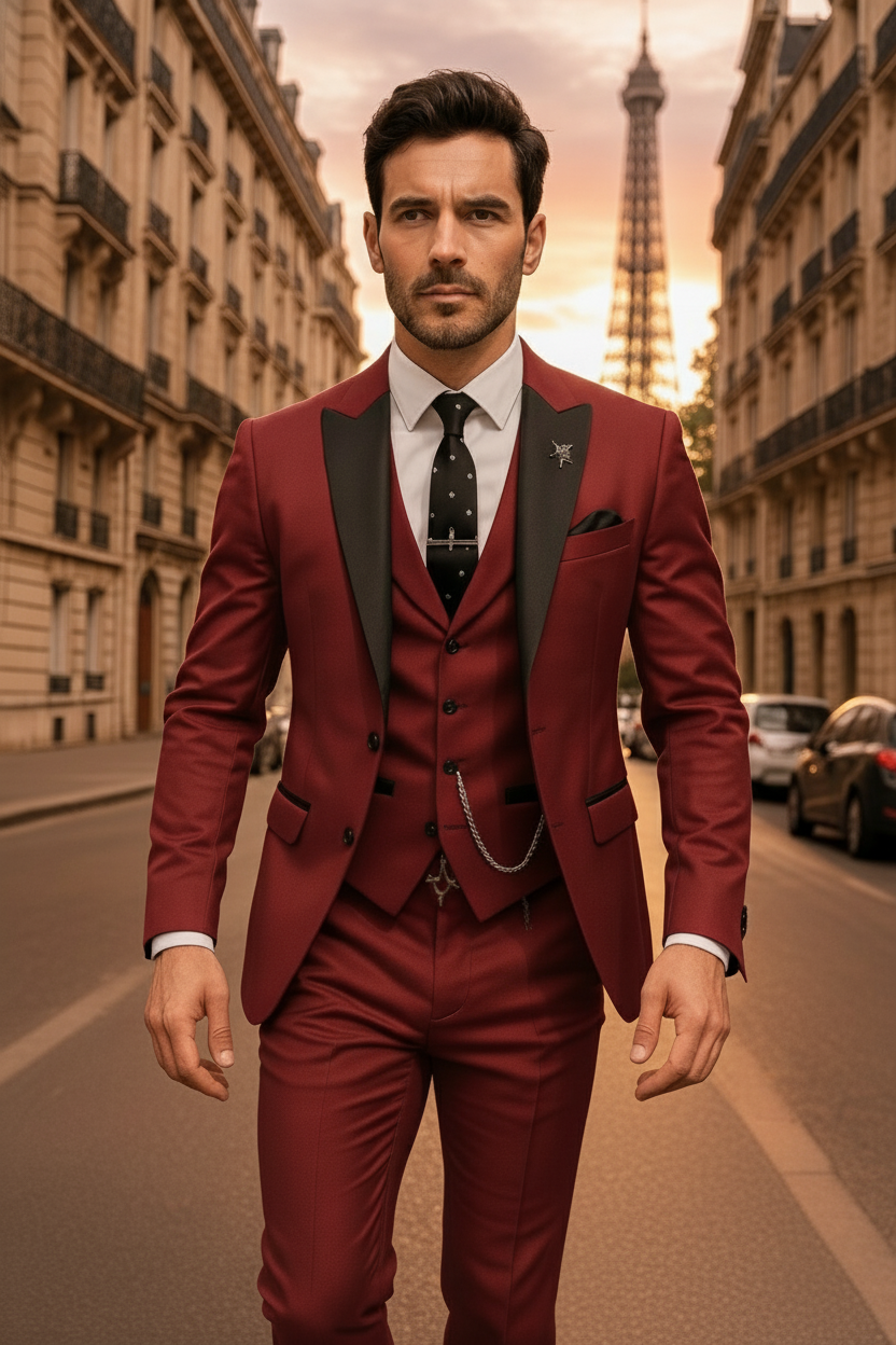 Arrangement of the three-piece men's suit components: jacket, waistcoat, trousers for formal wear.