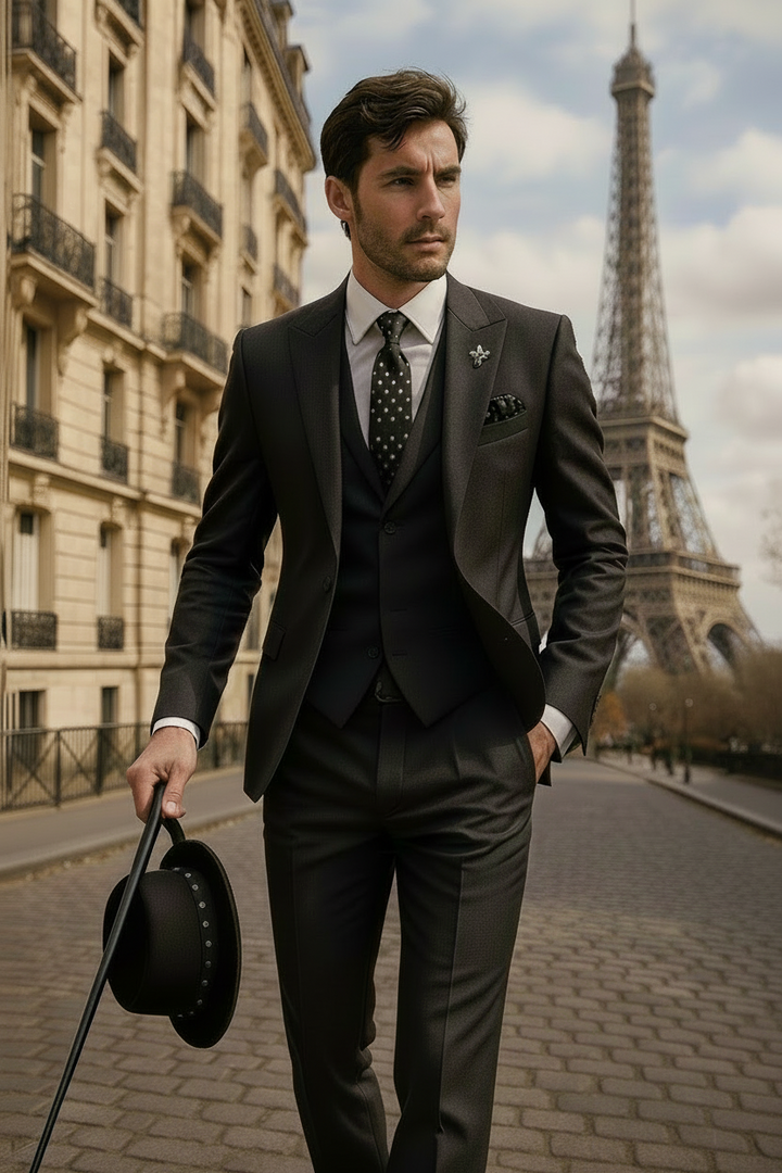 Gentleman in a stylish three-piece men's suit with waistcoat, ideal for formal spring events.