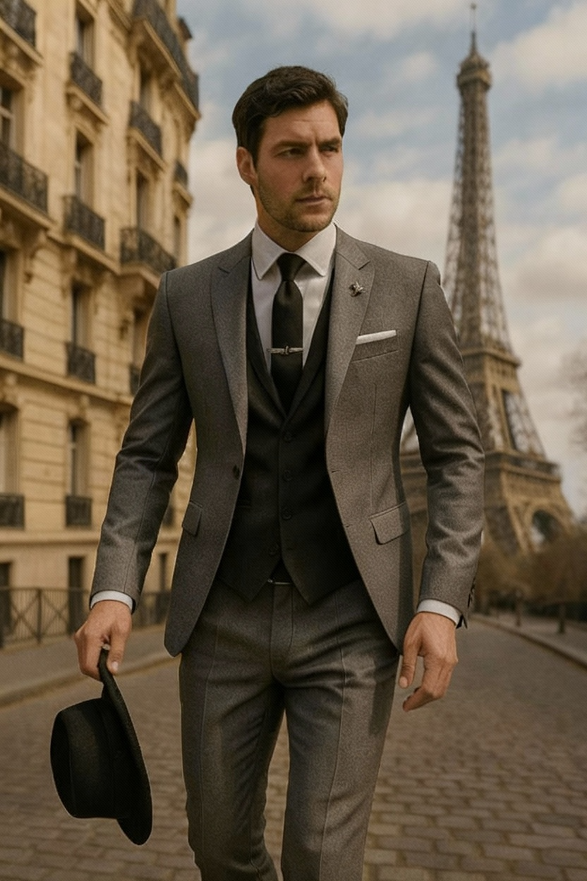 Close-up of the textured fabric on a classic men's formal suit jacket, showing quality tailoring.