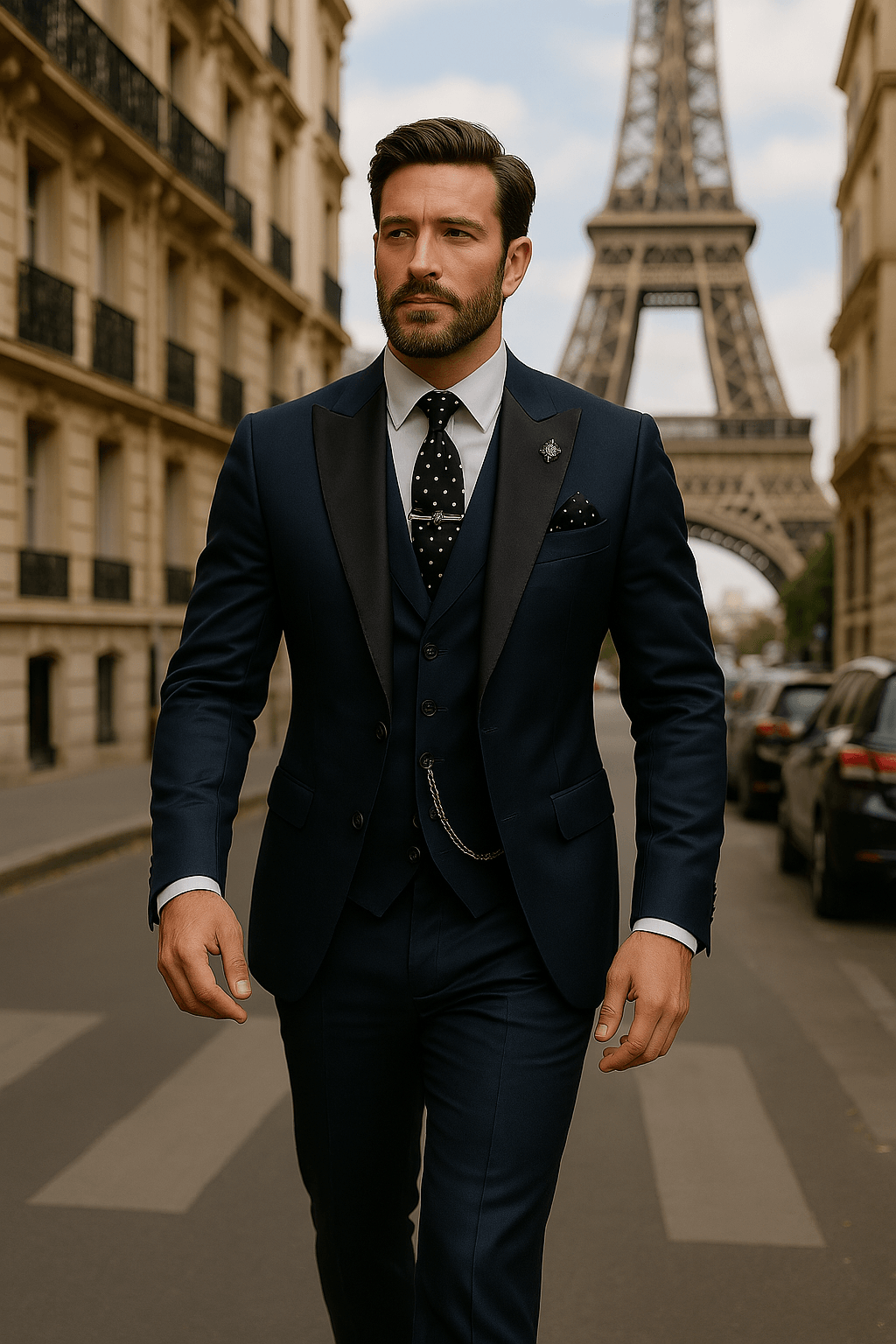 Full-body shot of a man wearing a sophisticated three-piece wedding suit, showcasing elegant design.