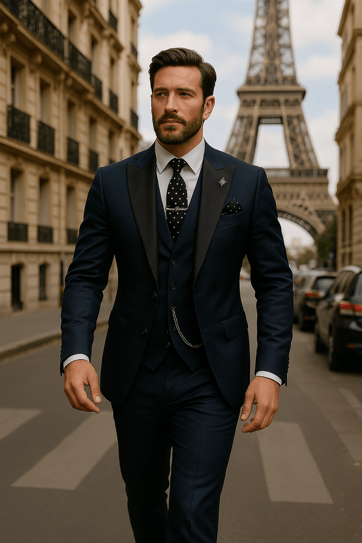 Full-body shot of a man wearing a sophisticated three-piece wedding suit, showcasing elegant design.