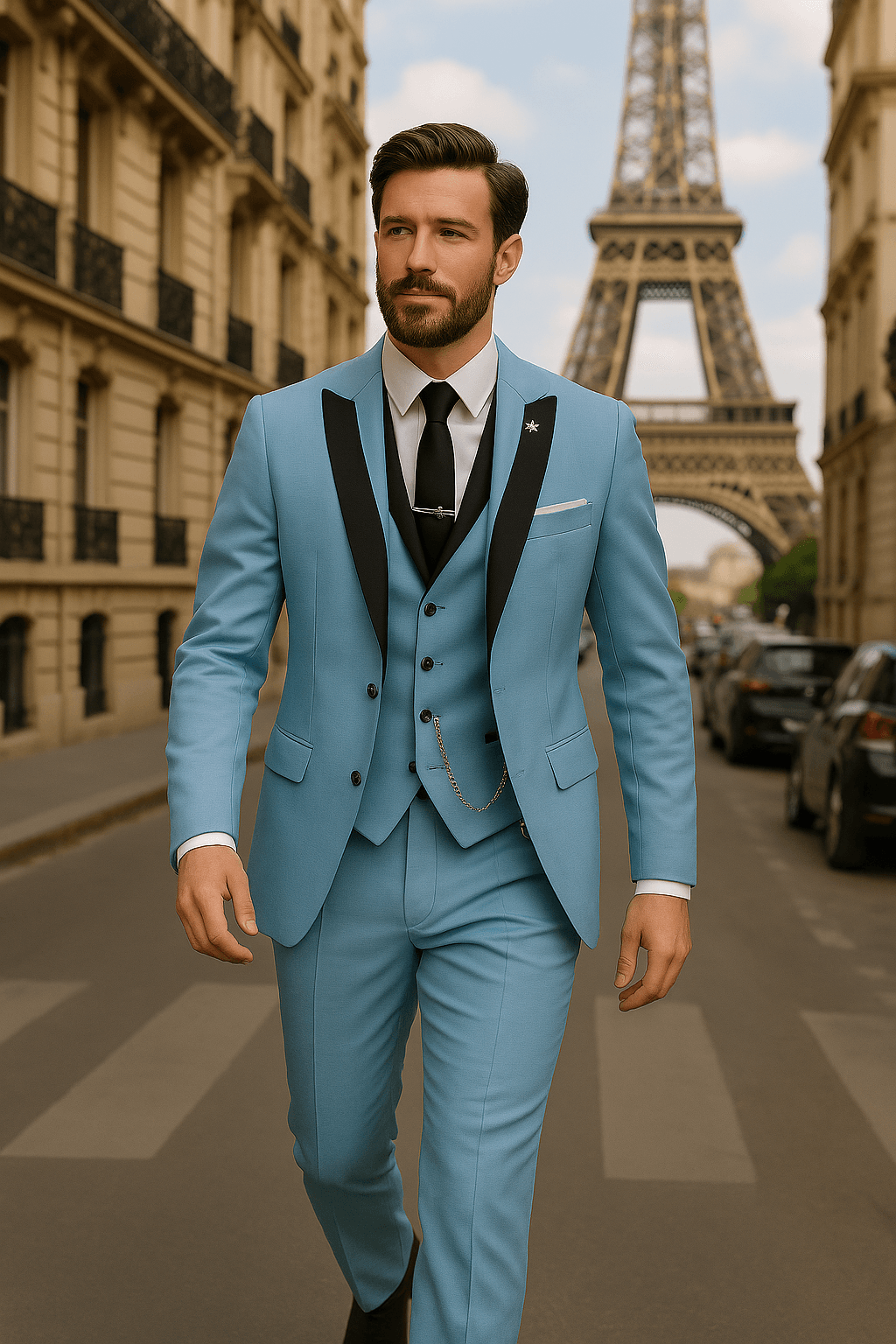 Detail of the waistcoat and tie on a men's classic formal suit, highlighting sharp business wear.