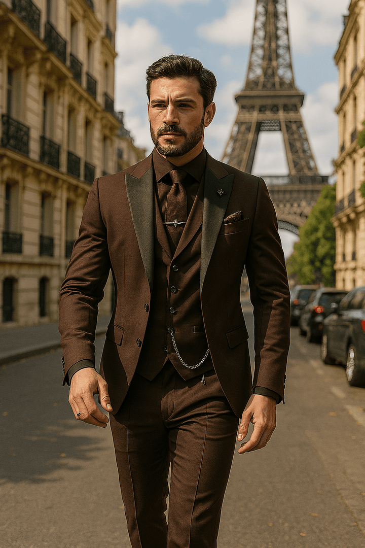 Men's tailored suit ensemble, including jacket, vest, and trousers, for ultimate formal elegance.