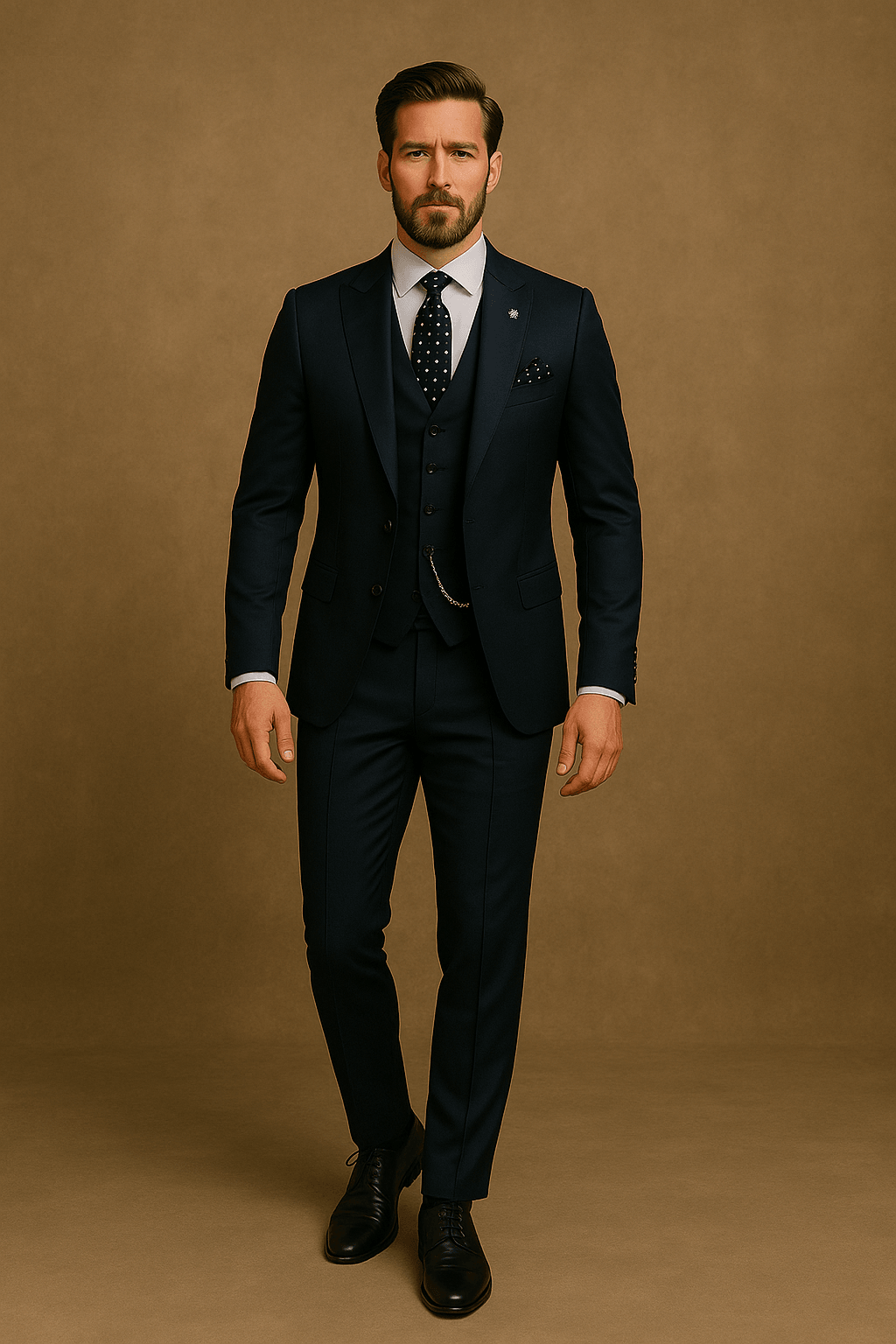 Front view of the classic three-piece men's suit, versatile for business and special occasions.