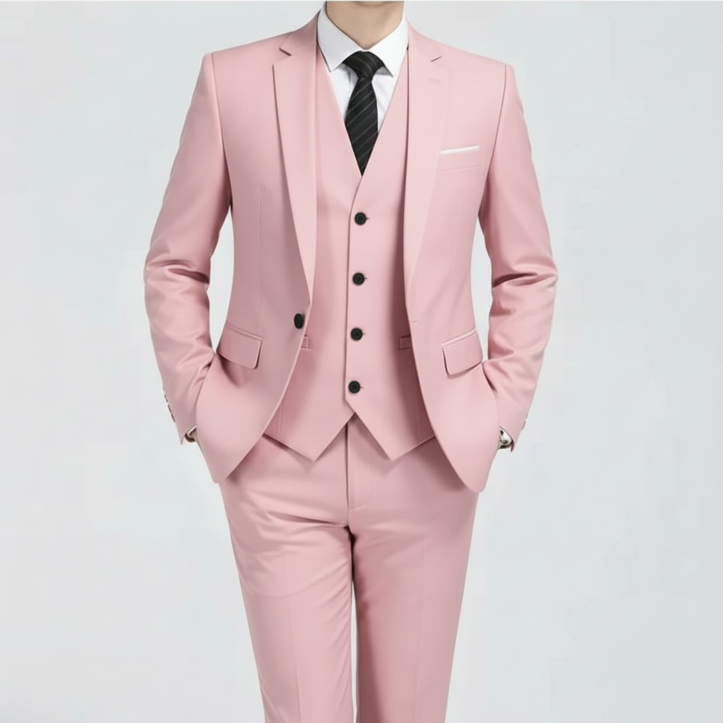 Tailored men's three-piece suit in classic style, ideal for spring occasions & formal events