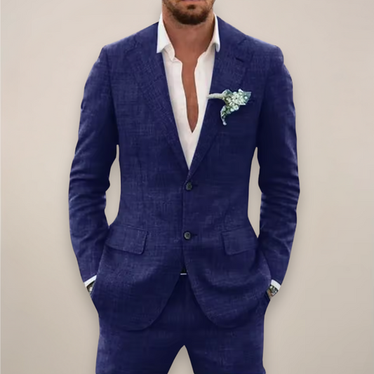 Men's classic two-piece single-breasted suit set in a light summer fabric, perfect for formal wear.