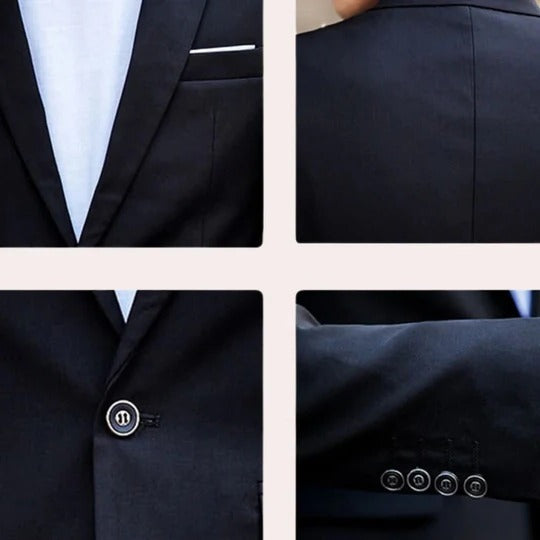 Plus size men's classic black two-piece suit with notch lapel, offering a comfortable and stylish formal wear option.