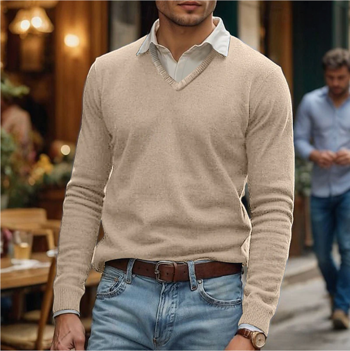 Men's classic V-neck long sleeve sweater, perfect for versatile everyday casual or semi-formal fall/winter fashion.