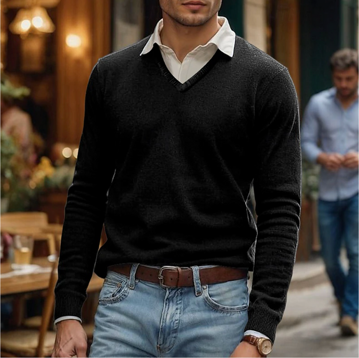 Stylish men's V-neck sweater, a versatile long sleeve layering piece for casual and semi-formal wear in fall/winter.