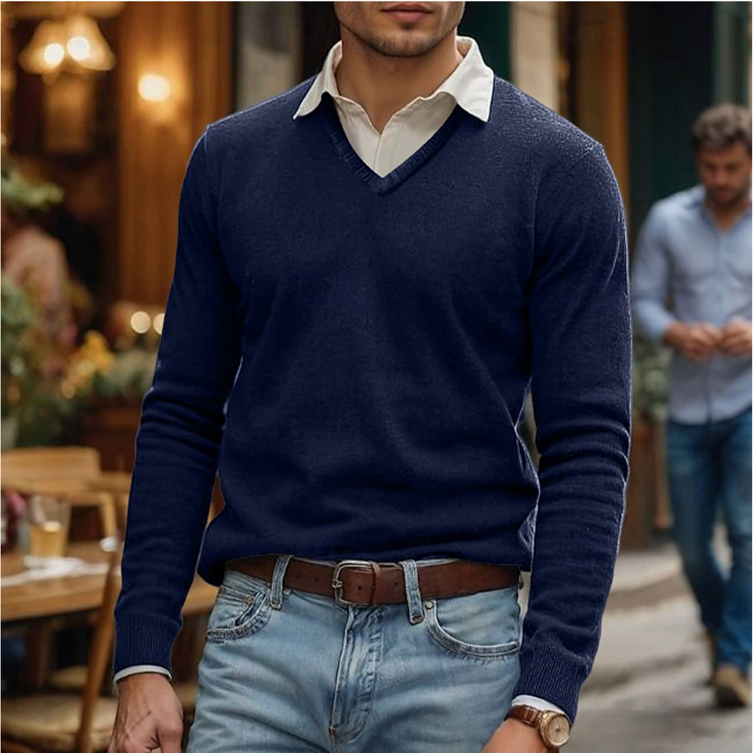 Modern men's V-neck long sleeve sweater, an essential fall/winter fashion item for stylish casual and everyday wear.