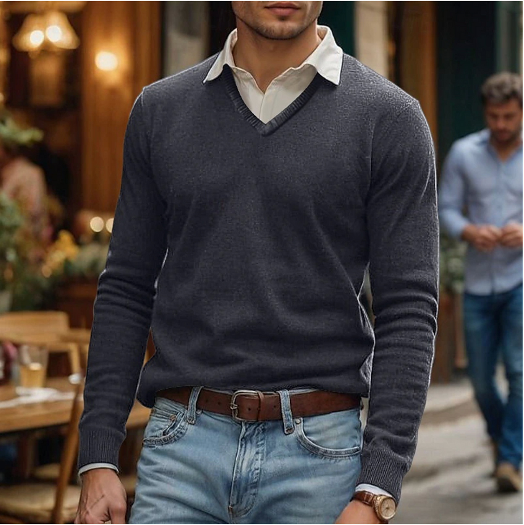 Versatile men's V-neck sweater, a long sleeve layering piece offering classic style for fall, winter, and everyday fashion.