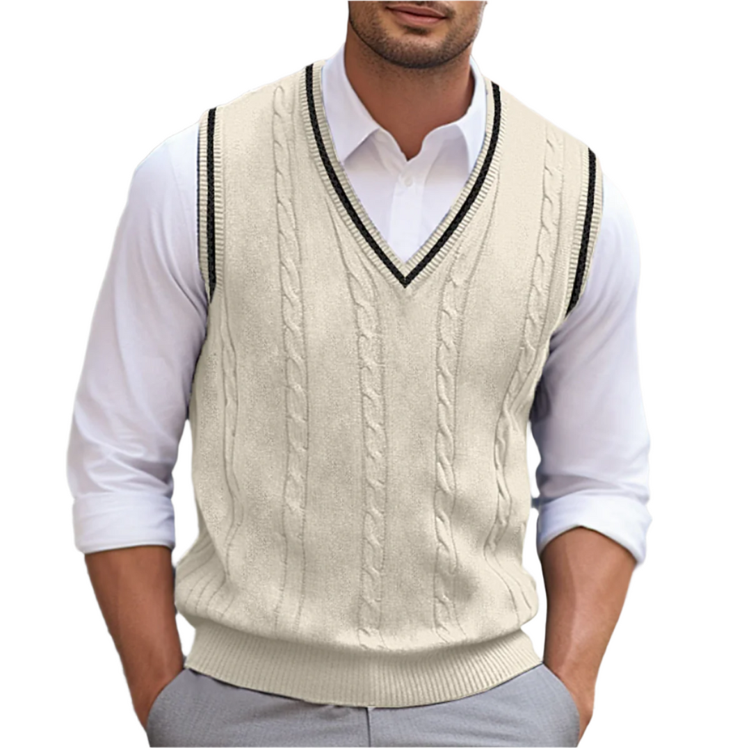 Men's classic V-neck sleeveless sweater vest in navy, perfect for smart casual summer office wear.