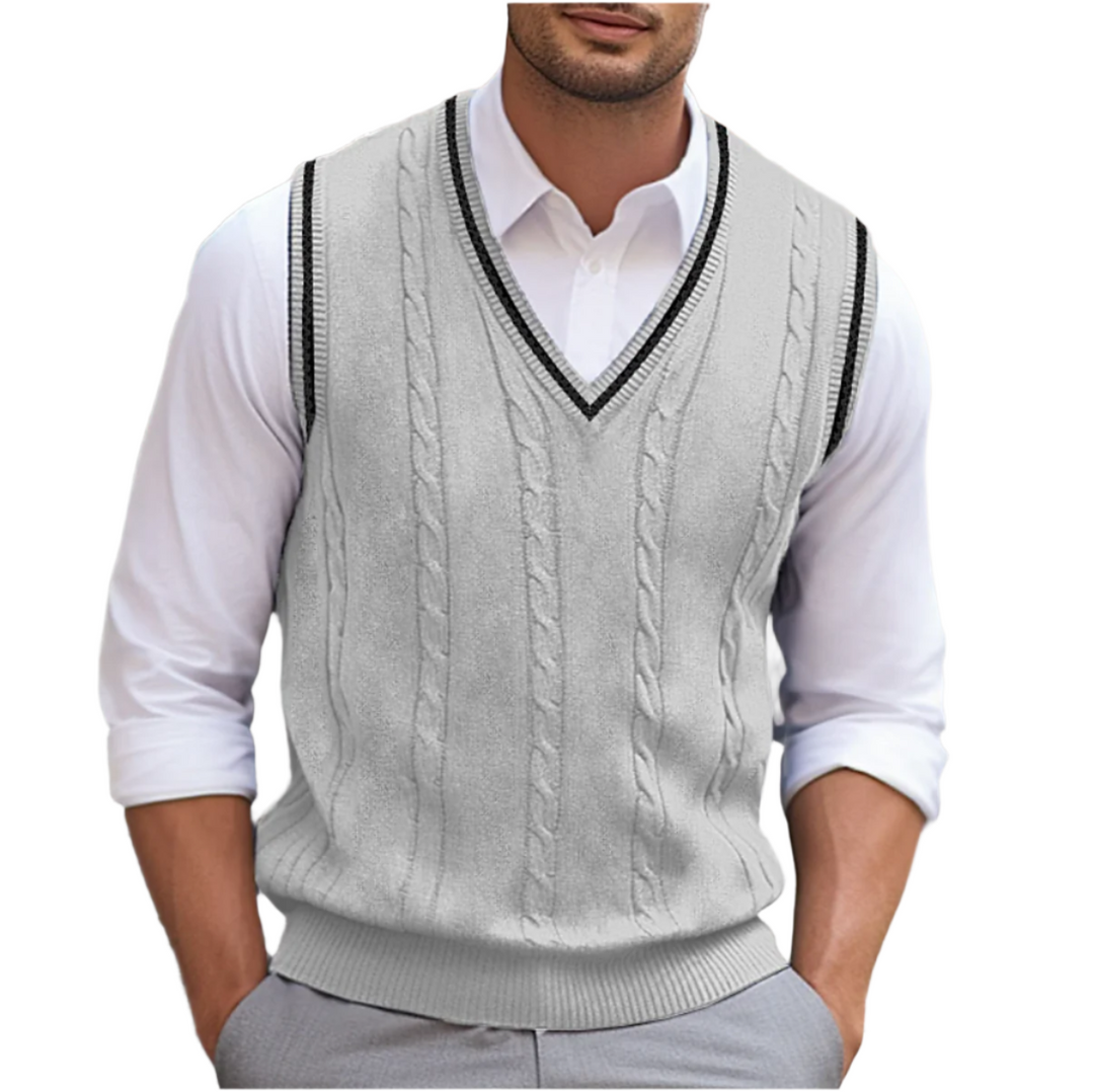 Lightweight men's V-neck sweater vest in gray, ideal for versatile layering and summer fashion.