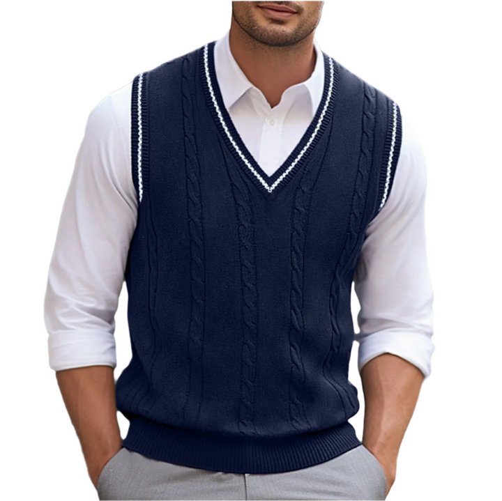 Close-up of a men's V-neck sweater vest knit texture, highlighting quality and sleeveless design.