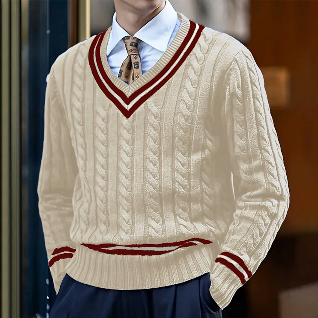 Men's classic V-neck sweater with detailed cable knit, perfect for smart casual or layering.