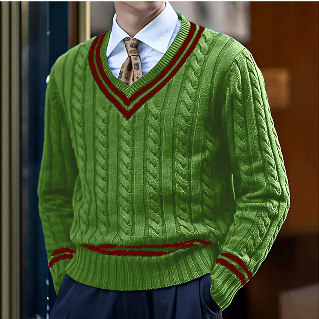 Comfortable men's V-neck cable knit pullover sweater, ideal for everyday men's fashion.