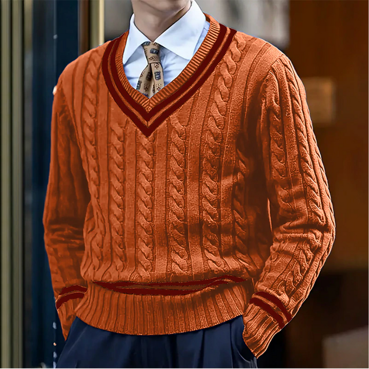 Timeless men's classic cable knit V-neck sweater, a versatile piece for casual or smart outfits.