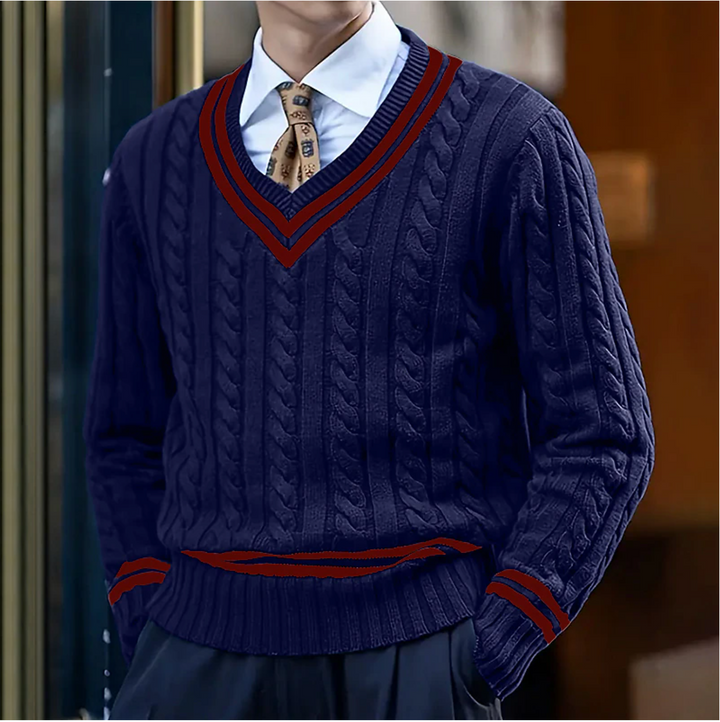 Stylish men's knitwear: a classic V-neck cable knit sweater, perfect for layering during cooler weather.