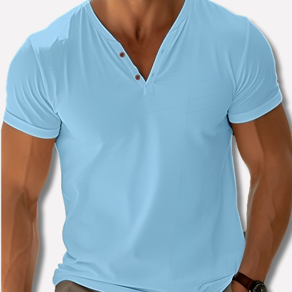 Close-up of a men's V-neck t-shirt showing the soft cotton blend fabric and classic style for daily fashion.