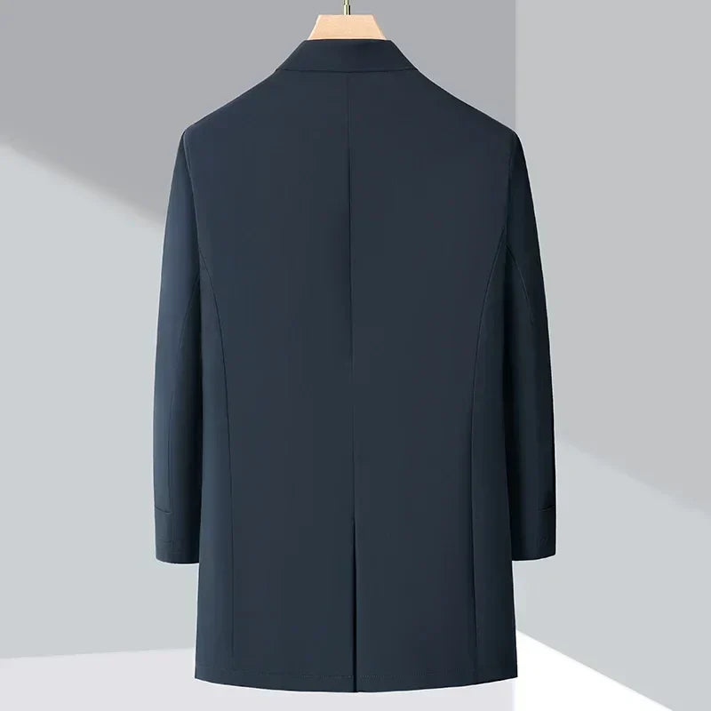Warm men's trench coat with down filling. Classic water-resistant design, perfect for cold weather and timeless style.