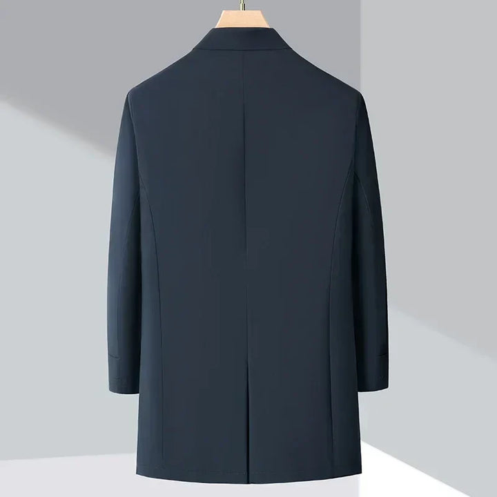 Warm men's trench coat with down filling. Classic water-resistant design, perfect for cold weather and timeless style.