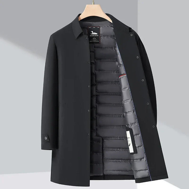 Front view of a classic men's water-resistant trench coat with down filling, perfect for tailored warmth and style.