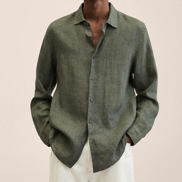 Versatile men's button down long sleeve shirt in a natural linen color, great for casual occasions.