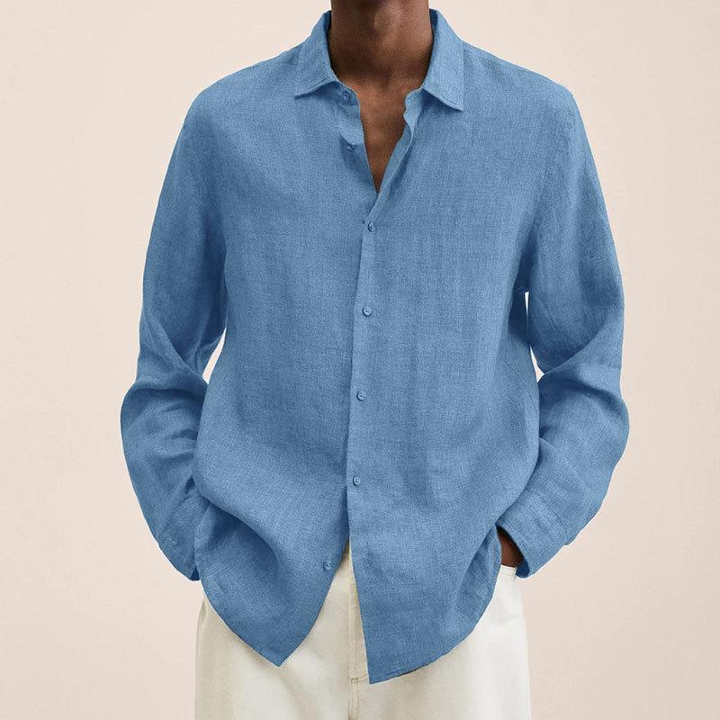 Front view of a men's breathable long sleeve button down shirt, showcasing its classic design.
