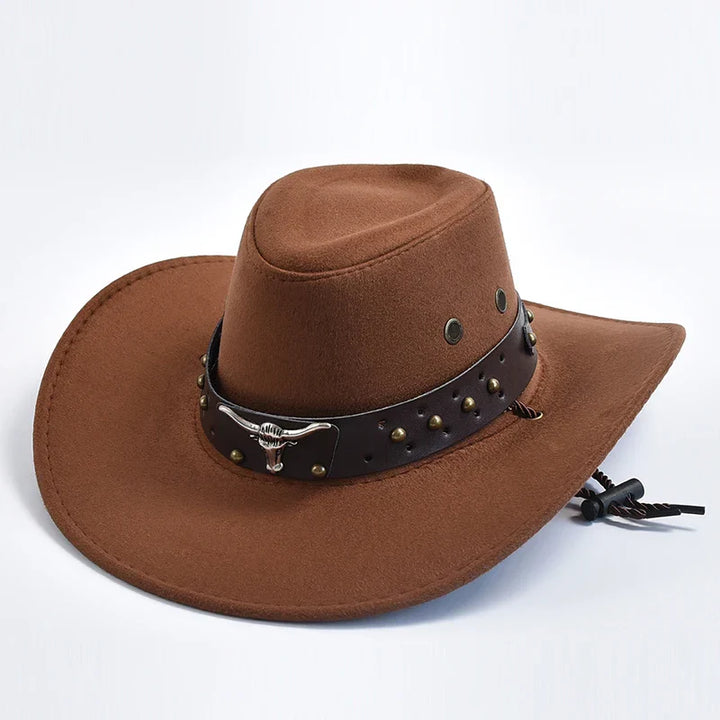 Durable men's wide brim cowboy hat for sun protection; ideal summer outdoor western fashion accessory.