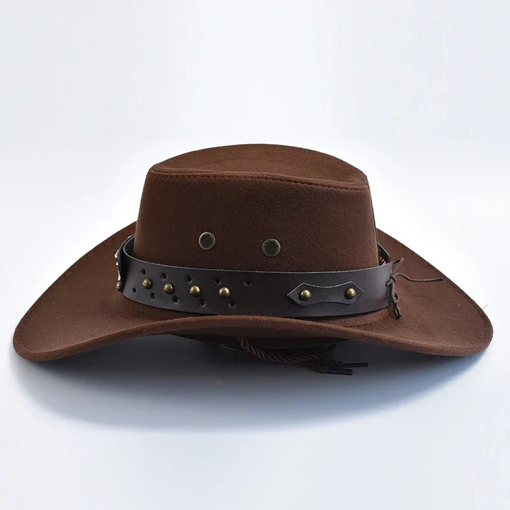 Rugged men's wide brim cowboy hat, durable and comfortable for ranch work, outdoor activities, or western style.