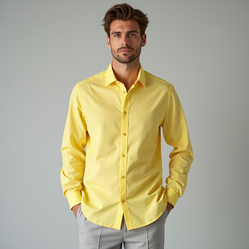 Men's classic yellow long sleeve button-down dress shirt. Versatile formal/casual menswear with point collar.