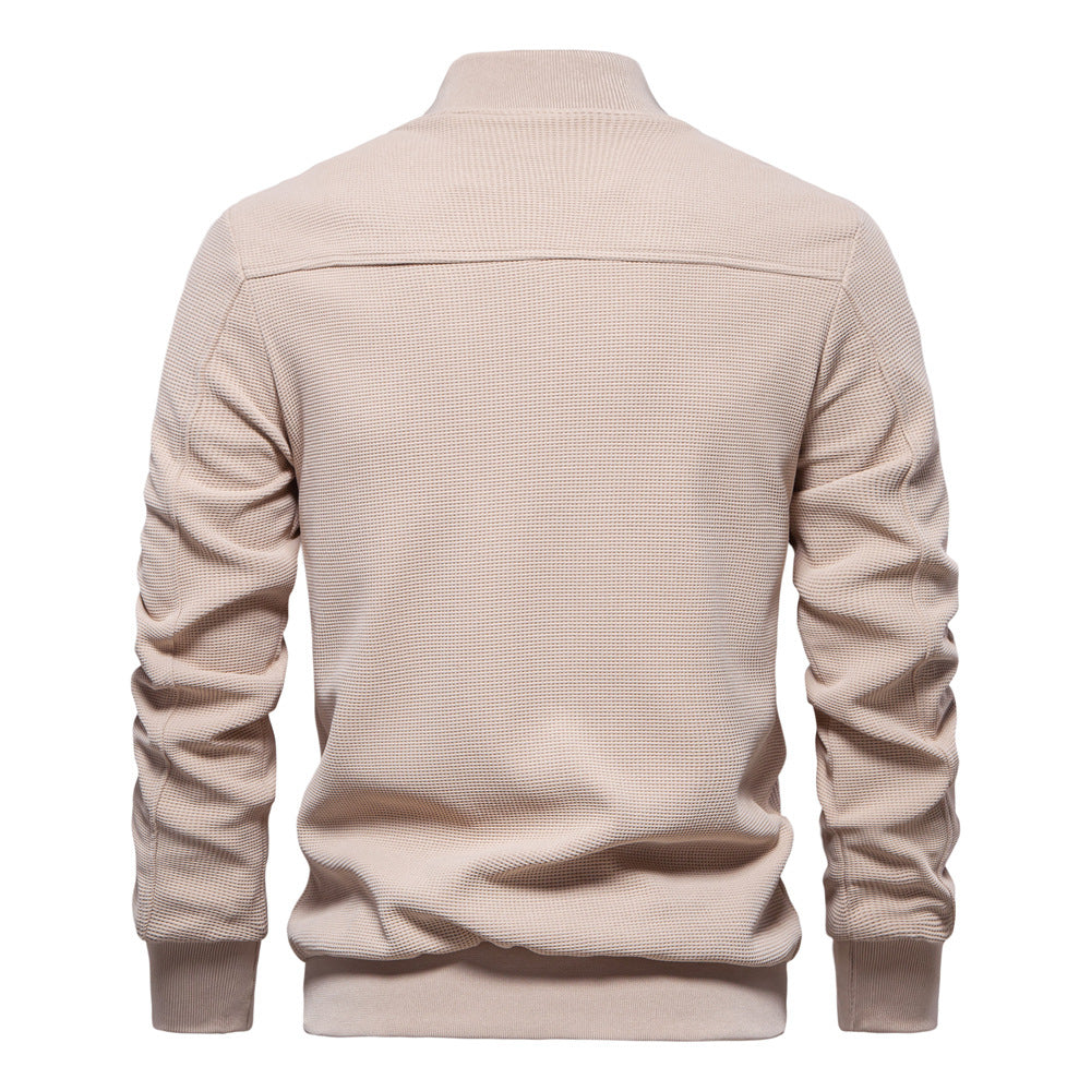 Modern men's bomber jacket, a versatile zip-up outerwear piece for stylish casual looks in fall and winter.