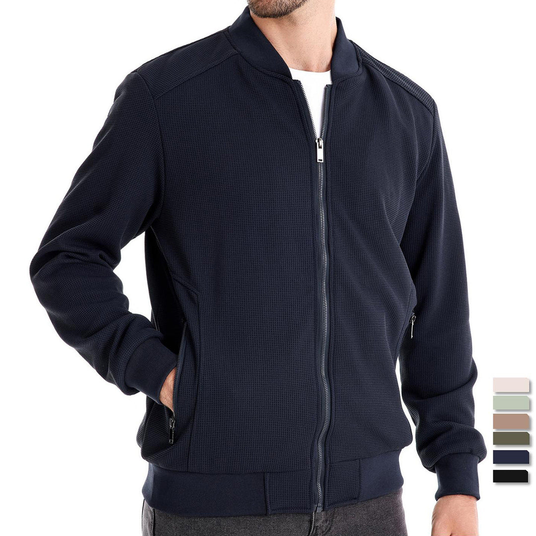 Men's sleek zip-up bomber jacket with ribbed hem & cuffs, providing a classic style and modern comfort.