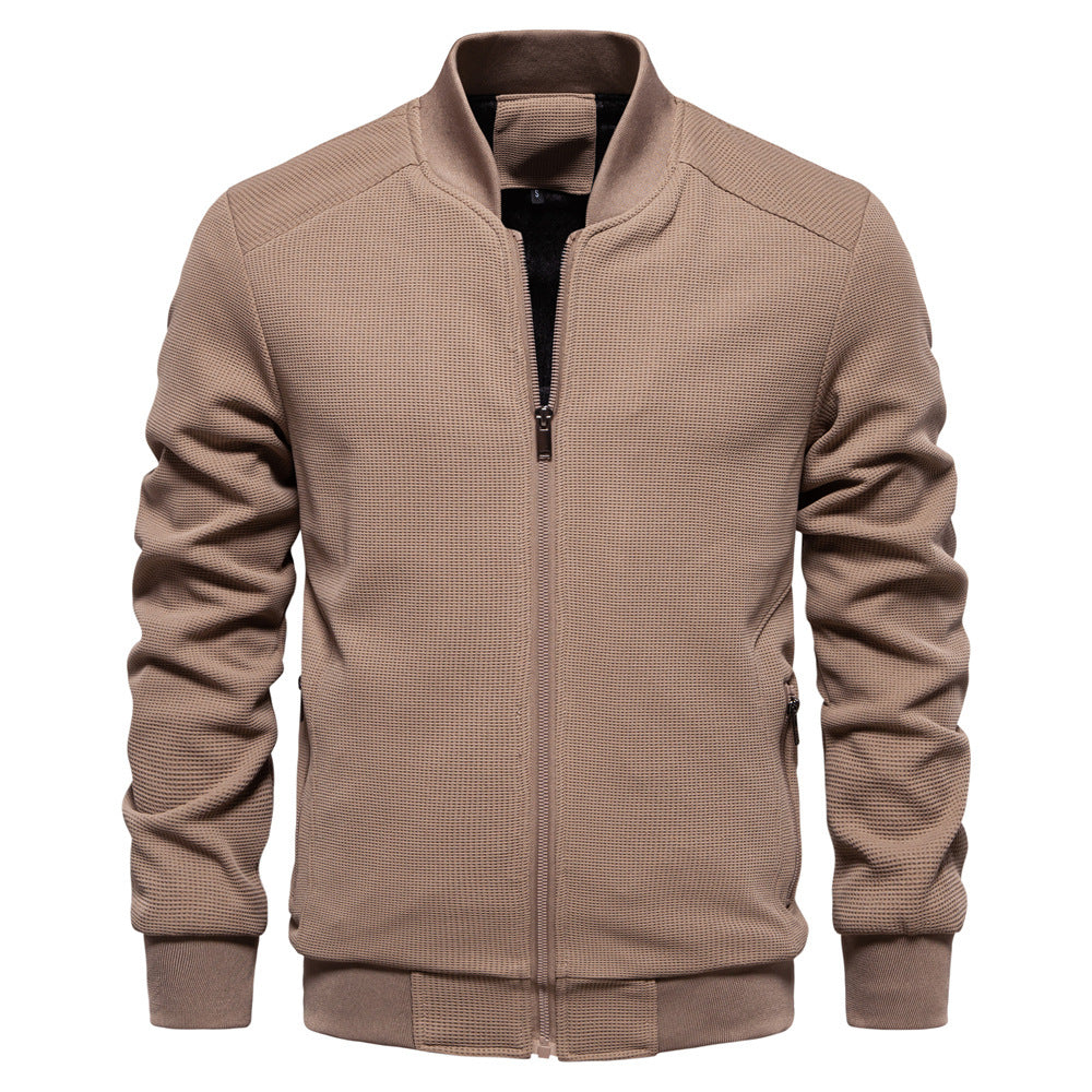 Classic men's zip-up bomber jacket, a lightweight outerwear option perfect for layering in fall fashion.