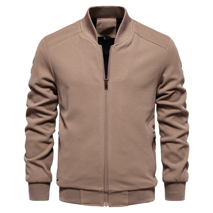 Classic men's zip-up bomber jacket, a lightweight outerwear option perfect for layering in fall fashion.