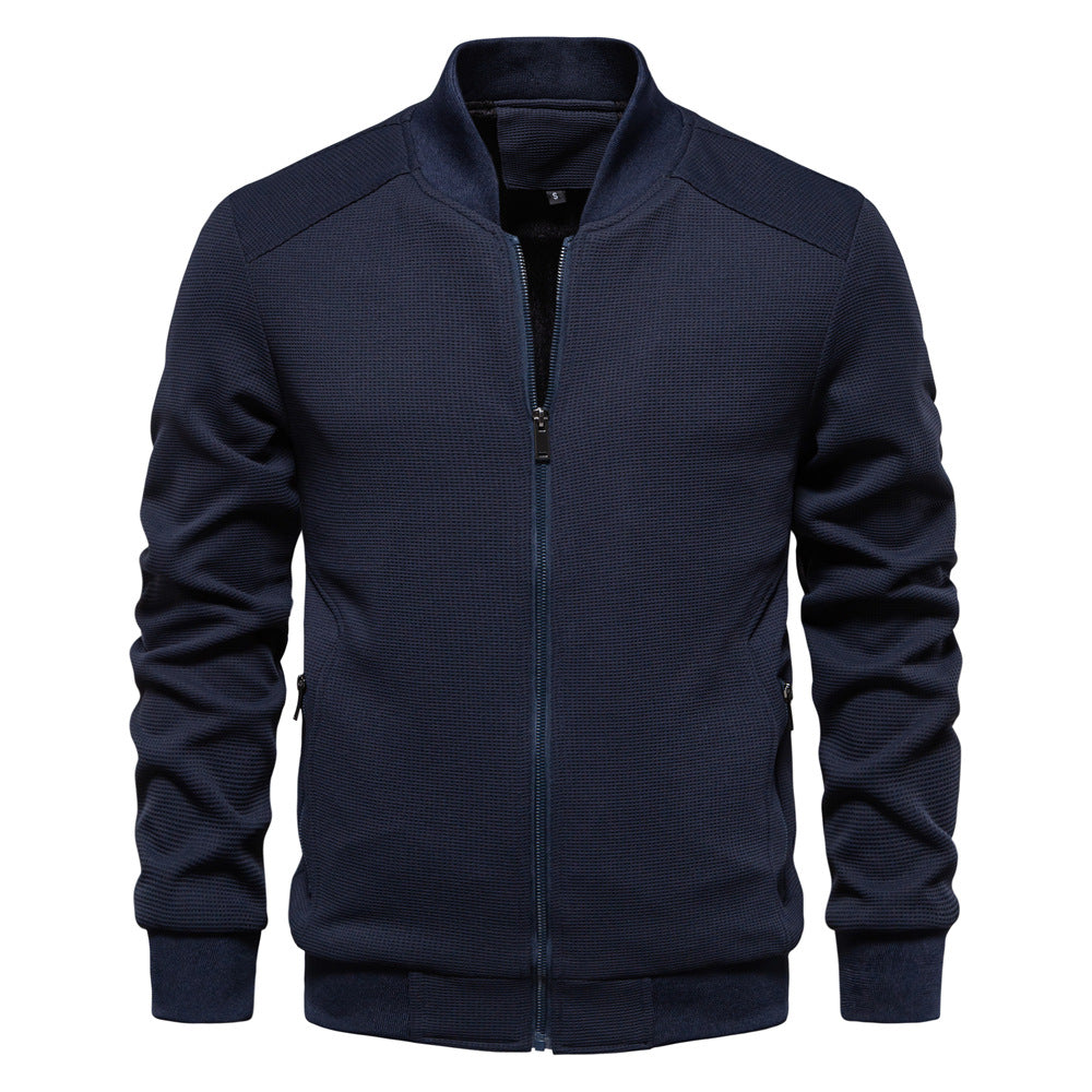 Warm men's zip-up bomber jacket, a perfect winter jacket choice with quilted details and ribbed collar.